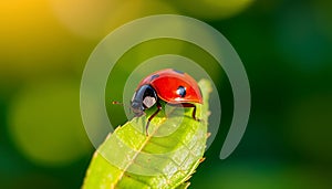 Red Ladybug on Green Leaf in Natural Sunlight