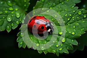 Red ladybug green leaf nature. Generate Ai