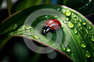 Red ladybug green leaf nature. Generate Ai