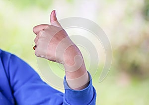 Red ladybug in the child`s hand