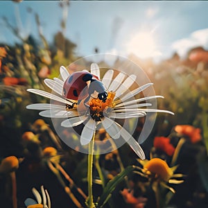 Red ladybug sitting on a white flower, smudged background sunset rays. Flowering flowers, a symbol of spring, new life