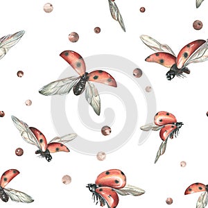 Red ladybugs with black dots flying with berries. watercolor illustration, hand drawn. Seamless pattern on a white