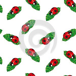 Red Ladybugs and lines cartoon seamless pattern isolated on a white background