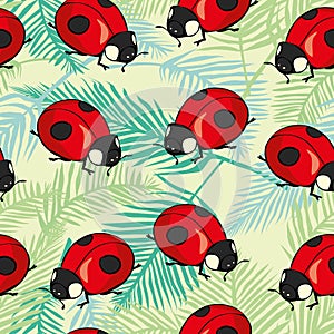 Red Ladybugs and lines cartoon seamless pattern isolated on a white background