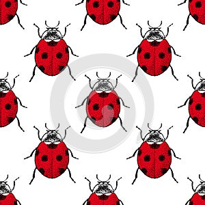 Red ladybugs vintage seamless pattern