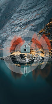 red lake house, scandinavian style. Image for poster or postcard. Generative AI