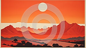 Red Land And Desert Poster By Liam Hun - 1970s Screen Printed Color Blocking