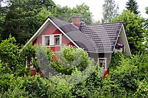 Red landscaping log cabin