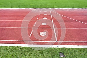 Red Lanes from a Running Track against the Green Field.