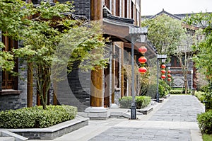 Red lantern and ancient architecture