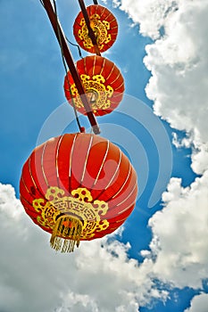 A red lantern with blue sky background