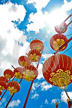 A red lantern with blue sky background