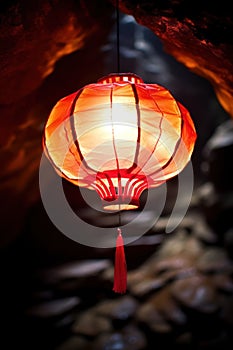 a red lantern from a ceiling