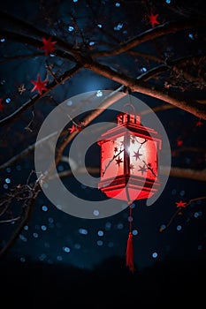 Red Lantern Swinging in Starry Night Sky
