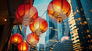 Red Lanterns Hanging Against Cityscape