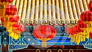 Red lanterns hanging in celebration of the National Day of China in Beijing