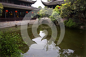 Red Lanterns Pond Reflection Temple Sichuan China