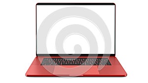 Red laptop with blank screen isolated on white background. Whole in focus. High detailed. photo