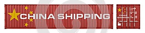 Red large shipping cargo container with china shipping lettering and flag in frontal and side view isolated white background.