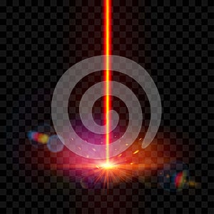 Red laser beam with bright shiny sparkles. laser shot impact. Light effect. Cutting metal CNC laser. Vector mocap
