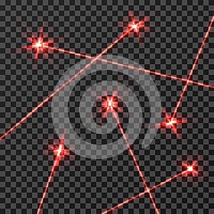 Red laser beams vector light effect isolated on transparent checkered background