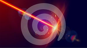 Red laser strike. Laser beam with bright shiny sparkles. Vector image.