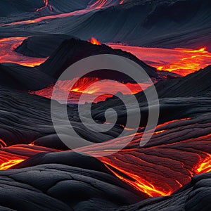 Red lava on a black volcanic Dark ure Dangerous nature Eruption of active illustration for