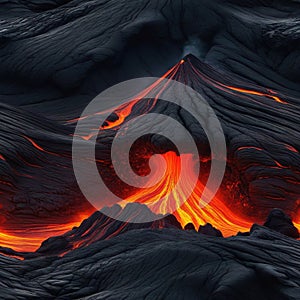 Red lava on a black volcanic Dark ure Dangerous nature Eruption of active illustration for