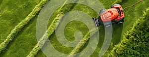 Red Lawn Mower Cutting Grass in Field