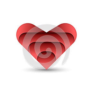 Red layers heart shape logo on a white background, featuring red areas forming the abstract shape of a heart, symbol of love and