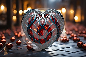Red black luminous heart on the background of bokeh effec. Generative AI photo