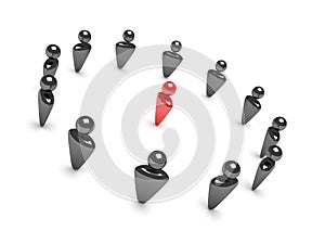 Red leader figure in a round team group on white