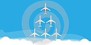 Red leader plane business concept vector illustration. Flying direction vision follow group team. Different ambition unique