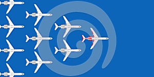 Red leader plane business concept vector illustration. Flying direction vision follow group team. Different ambition unique