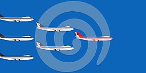 Red leader plane business concept vector illustration. Flying direction vision follow group team. Different ambition unique