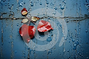 a red leaf on a blue wall with water drops