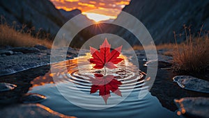 Autumn Sunset: Maple Leaf Reflection in Mountain Puddle