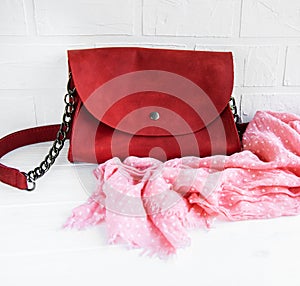 Red leather bag and scarf