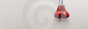 Red leather boxing gloves hanging. Isolated on white backdrop. Banner with copy space. Minimalistic sports equipment