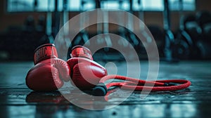 Red leather boxing gloves with a jump rope on a wooden background