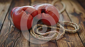 Red leather boxing gloves with a jump rope on a wooden background