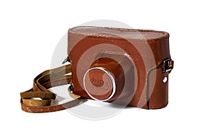 Red leather camera case FED-3 isolated on a white background focus stacking