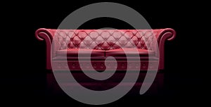 Red leather chester sofa on reflective black background