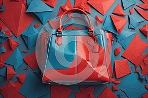 Red leather handbag and paper origami birds on blue background. generative ai