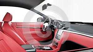 Red leather interior of luxury black sport car . isolate 3d rendering.