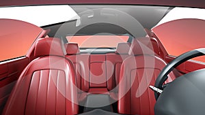 Red leather interior of luxury black sport car . realistic 3d rendering.