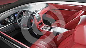 Red leather interior of luxury black sport car . realistic 3d rendering.