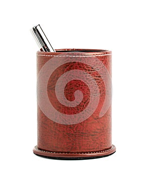 Red leather pen holder cylinder