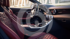 Red leather seats inside the futuristic luxury car. Modern car interior
