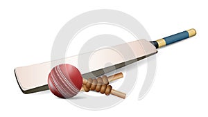 Red leather stitched Cricket ball, wooden wickets and bat isolated on white background